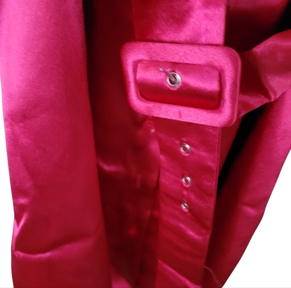 Boutique Fuchsia Pink Satin Button Up Mini Shirt Dress Belted Long Sleeve - Picture 11 of 15
